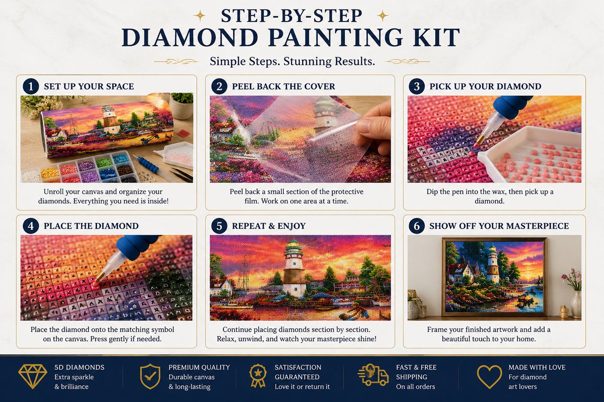 Six step guide showing how to complete the harbor lighthouse at sunset diamond painting | Azurra Shop