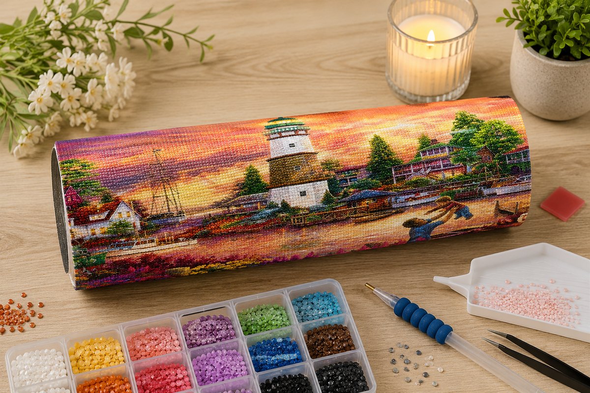 Rolled canvas and supplies for the harbor lighthouse at sunset kit, including drill organizer, applicator pen, and tweezers | Azurra Shop