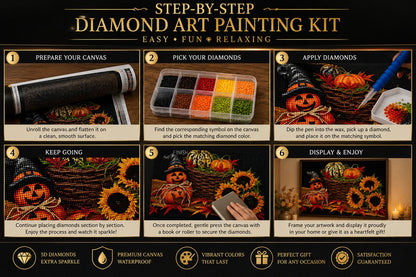 Six step guide showing how to complete the harvest diamond painting | Azurra Shop
