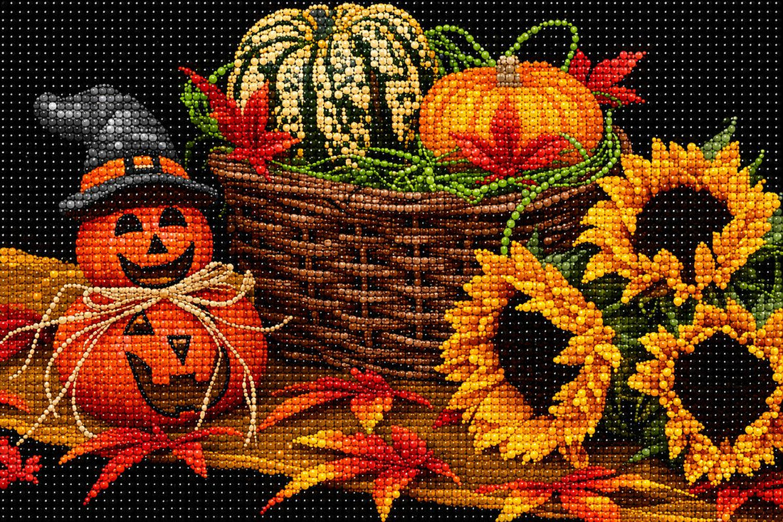 Close up of the finished harvest diamond painting with a jack o lantern, a basket of gourds, and sunflowers | Azurra Shop