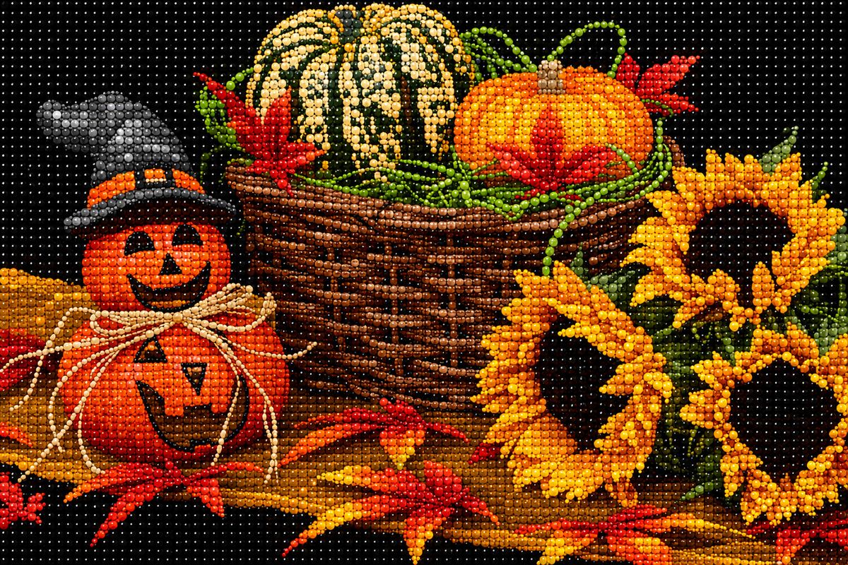Close up of the finished harvest diamond painting with a jack o lantern, a basket of gourds, and sunflowers | Azurra Shop