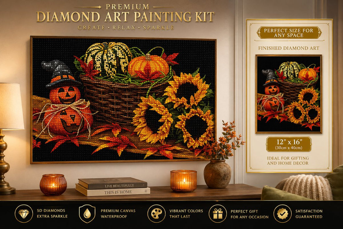 Framed harvest diamond painting displayed above a living room console table | Azurra Shop
