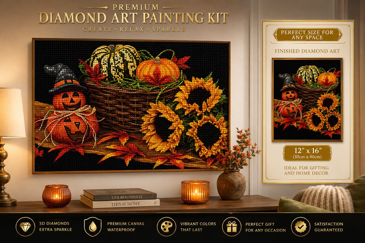 Framed harvest diamond painting displayed above a living room console table | Azurra Shop