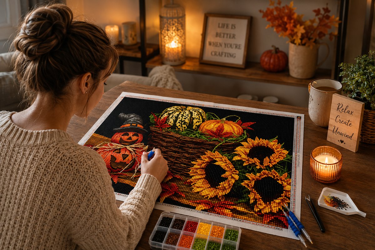 Working on the harvest kit at a desk with candles, fall leaves, and a mug of coffee | Azurra Shop