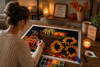 Working on the harvest kit at a desk with candles, fall leaves, and a mug of coffee | Azurra Shop