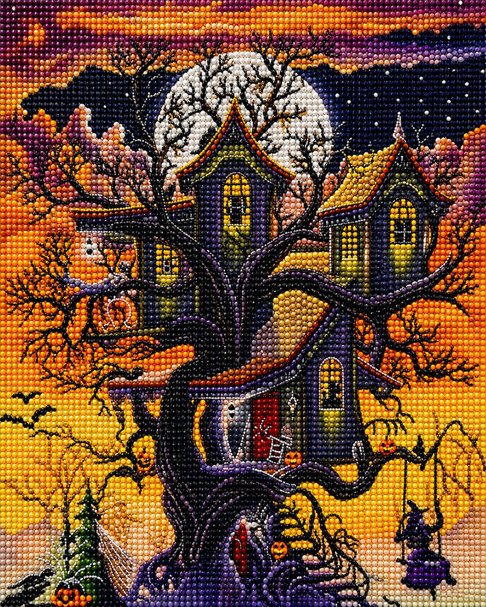 Close up of the finished haunted treehouse diamond painting with a full moon and jack o lanterns | Azurra Shop
