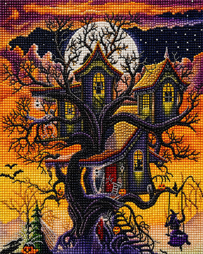 Close up of the finished haunted treehouse diamond painting with a full moon and jack o lanterns | Azurra Shop