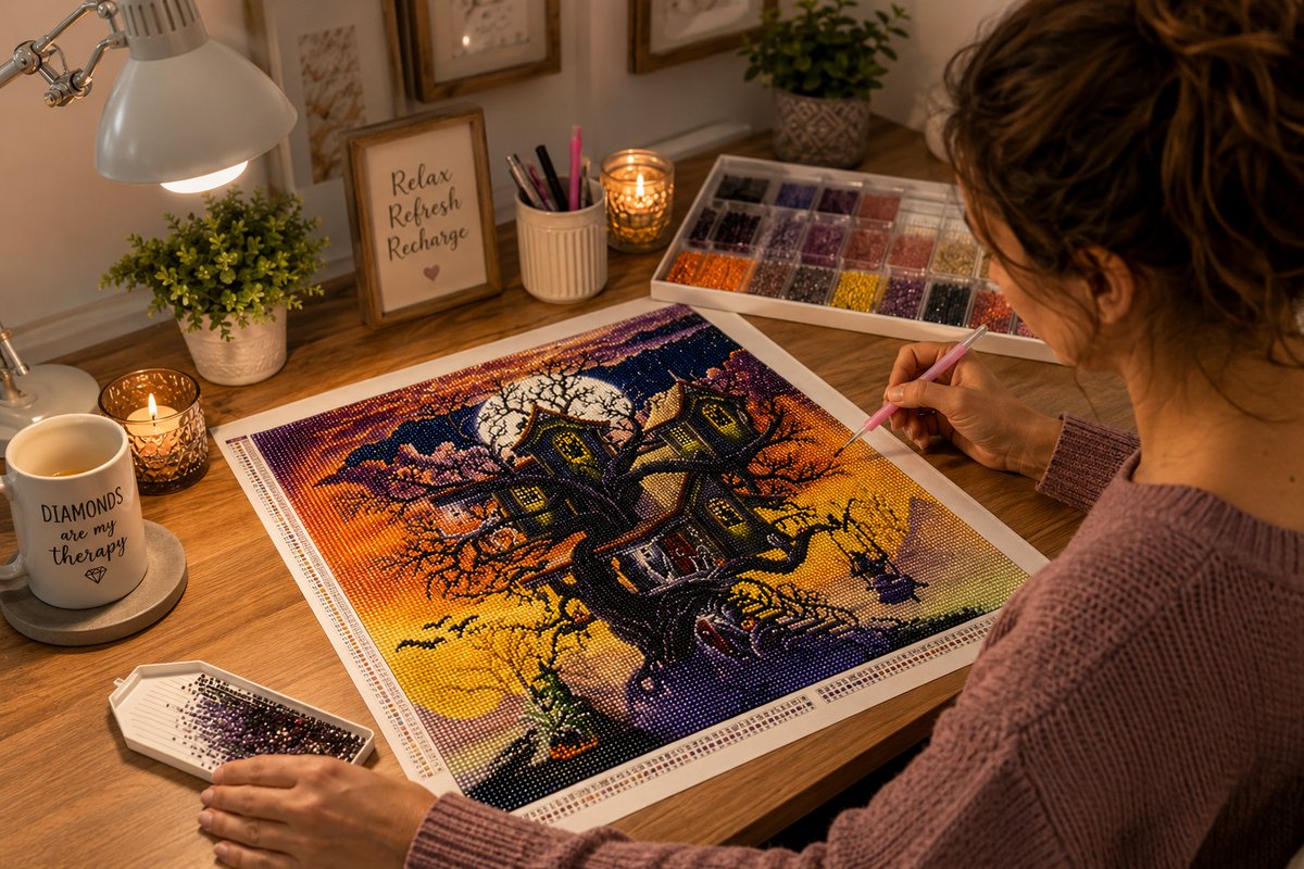 Working on the haunted treehouse kit at a cozy desk with a lamp, candles, and a mug | Azurra Shop