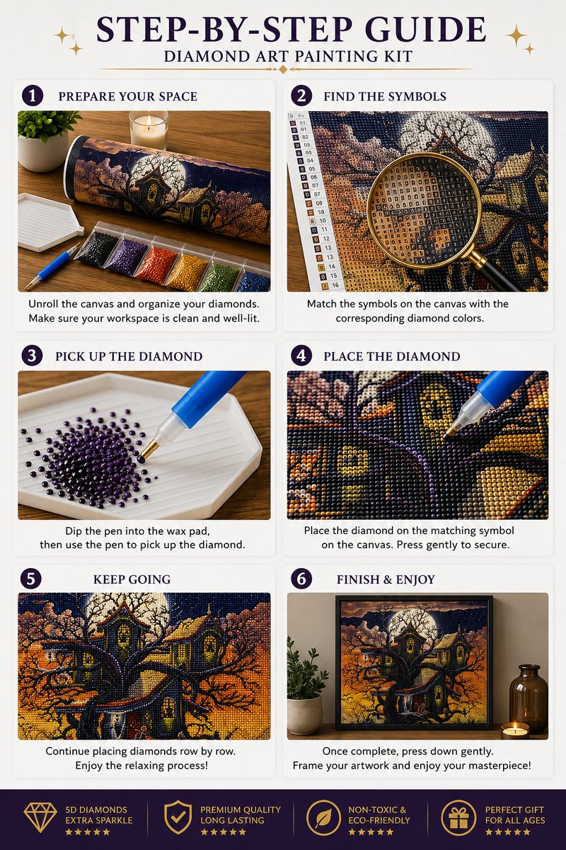 Six step guide showing how to complete the haunted treehouse diamond painting | Azurra Shop