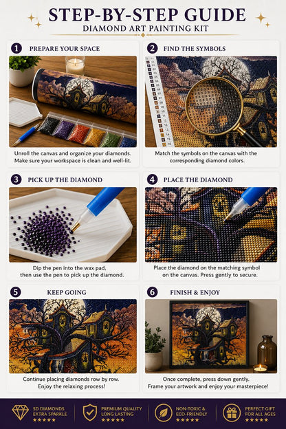 Six step guide showing how to complete the haunted treehouse diamond painting | Azurra Shop