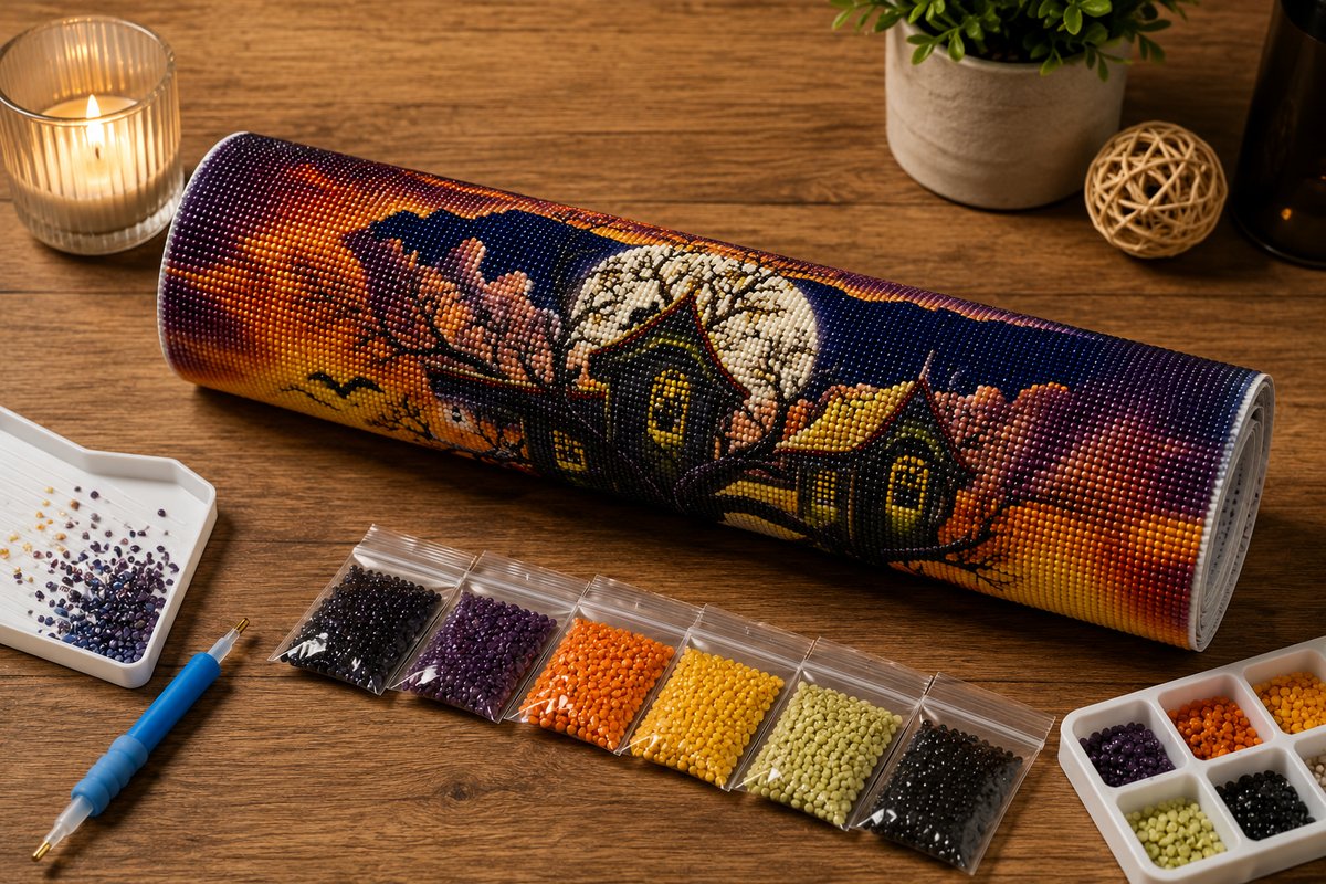 Rolled canvas and full supplies for the haunted treehouse kit, including diamond packets and applicator pen | Azurra Shop