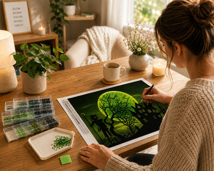 Woman placing diamonds on the headless horseman canvas at a desk with coffee and a candle | Azurra Shop