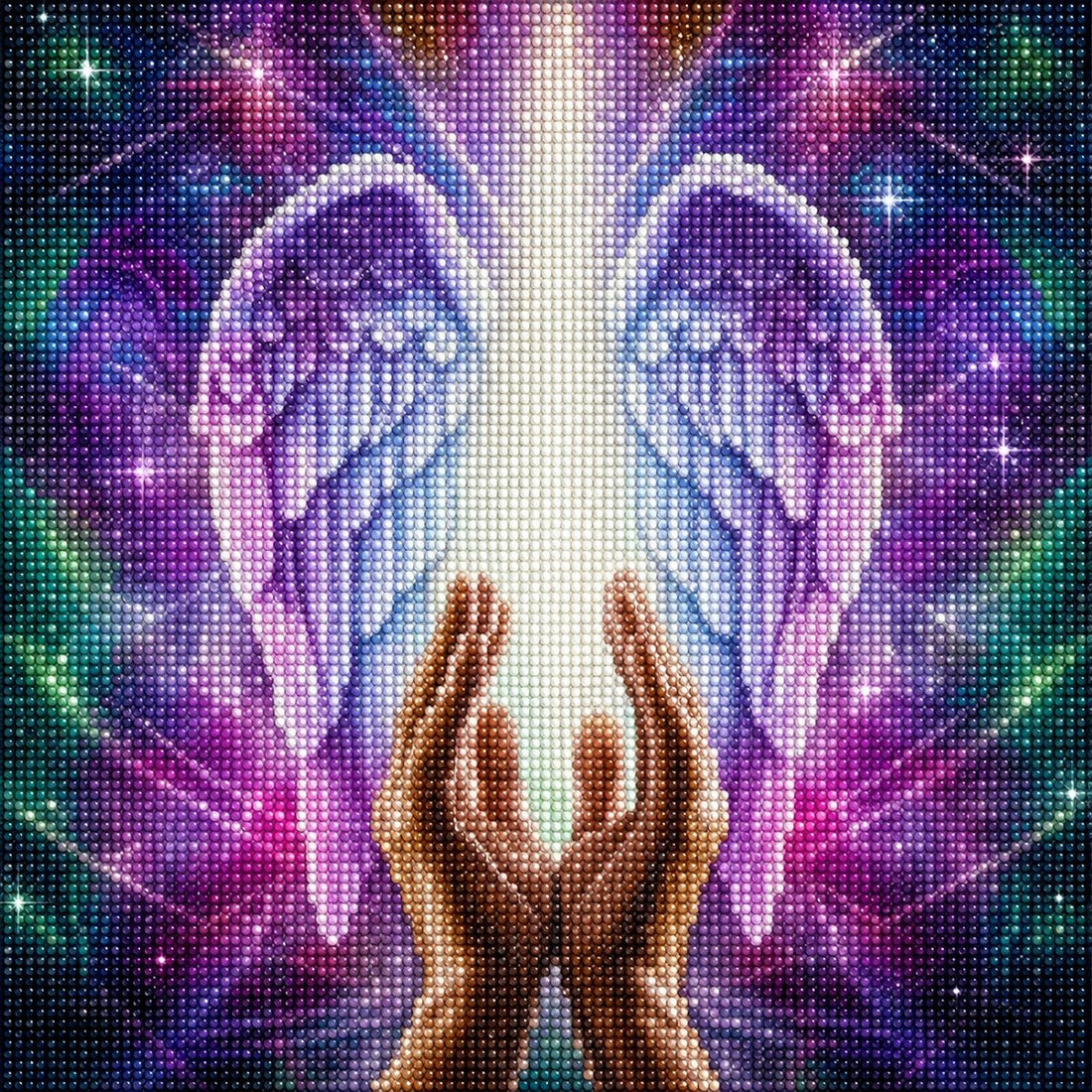 Close up of the finished healing angel wings diamond painting, two hands raised toward glowing light with soft purple wings
