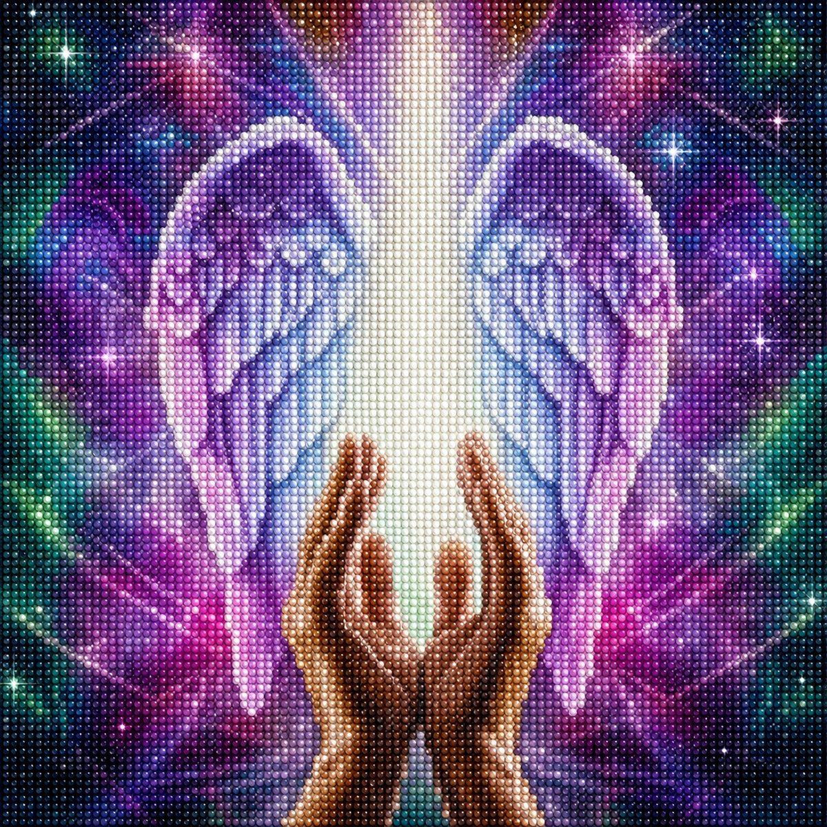Close up of the finished healing angel wings diamond painting, two hands raised toward glowing light with soft purple wings