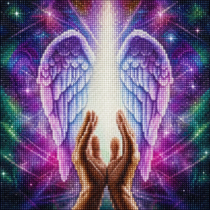 Close up of the finished healing angel wings diamond painting, two hands raised toward glowing light with soft purple wings