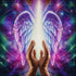 Close up of the finished healing angel wings diamond painting, two hands raised toward glowing light with soft purple wings