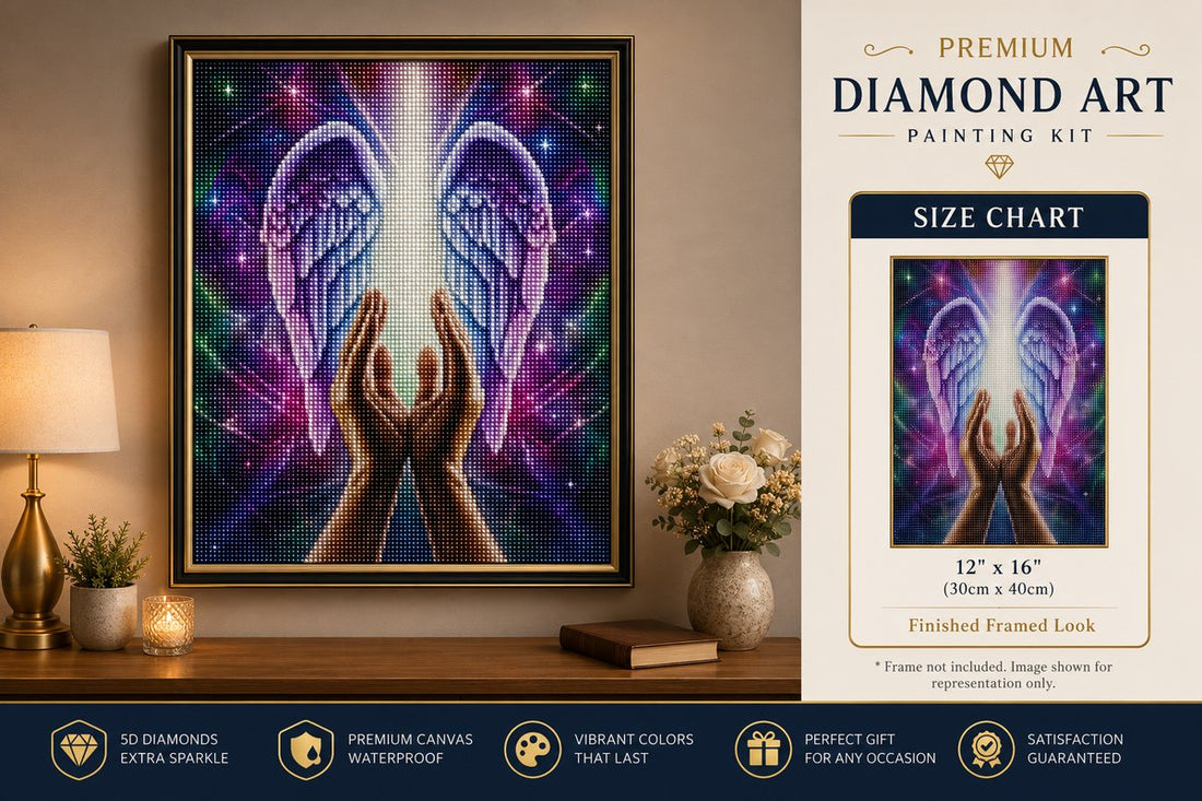 Healing angel wings diamond painting framed on a wall, shown with the 12x16 inch size chart