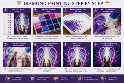 Step by step guide showing how to complete the healing angel wings diamond painting