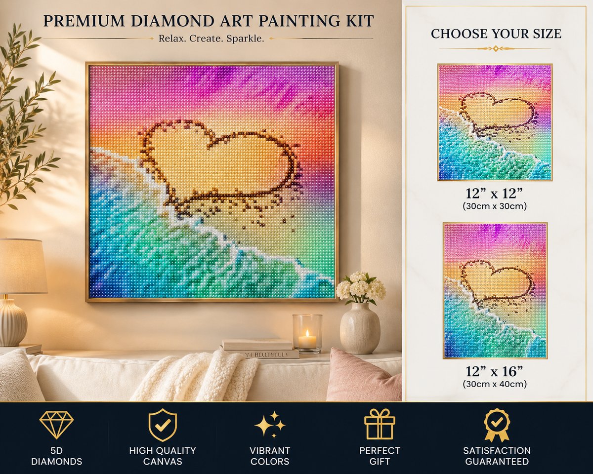 Framed rainbow heart in the sand diamond painting displayed above a living room sofa | Azurra Shop