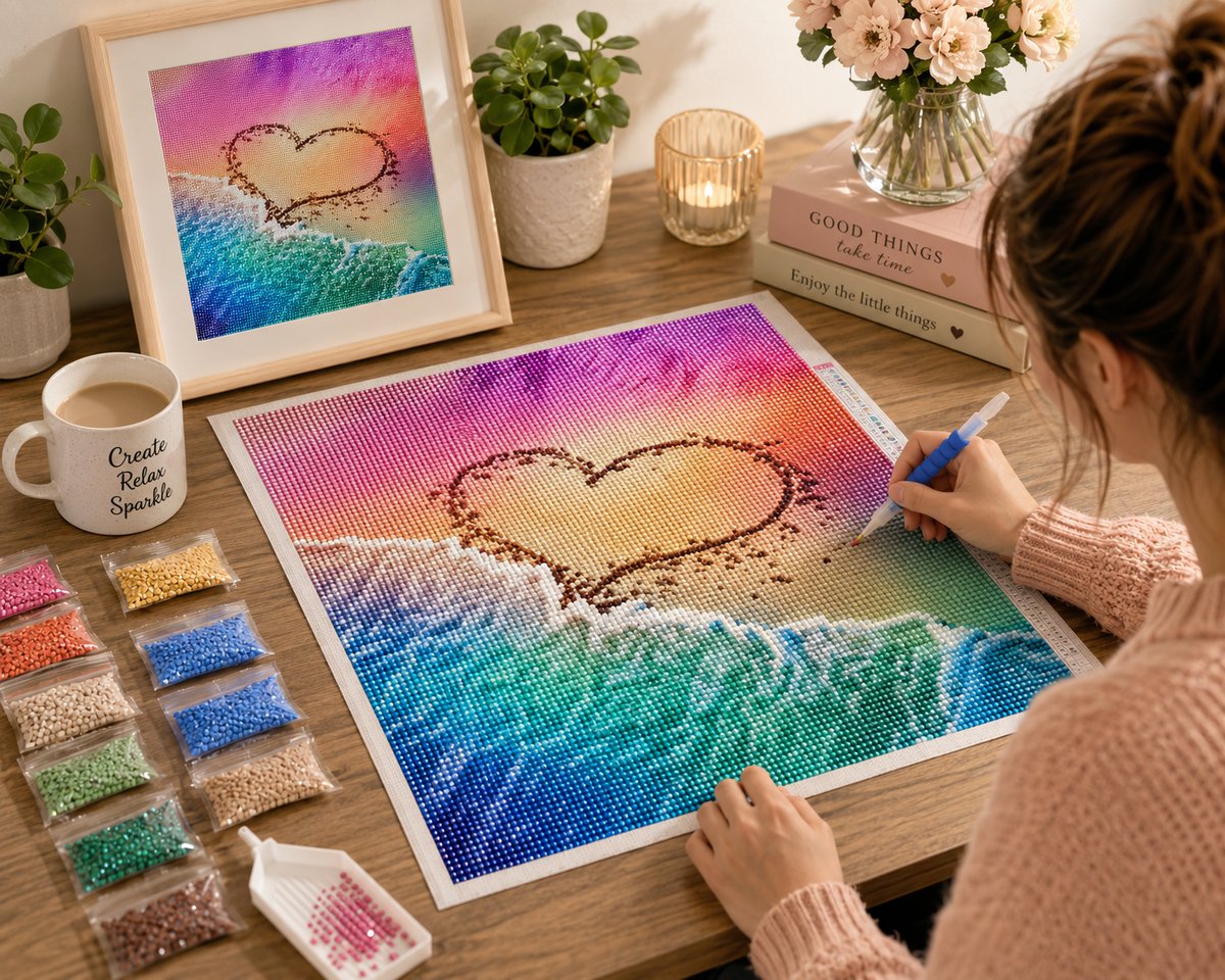 Working on the rainbow heart in the sand kit at a desk with the framed piece, coffee, and flowers nearby | Azurra Shop