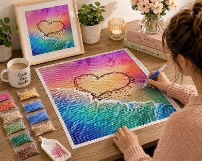 Working on the rainbow heart in the sand kit at a desk with the framed piece, coffee, and flowers nearby | Azurra Shop