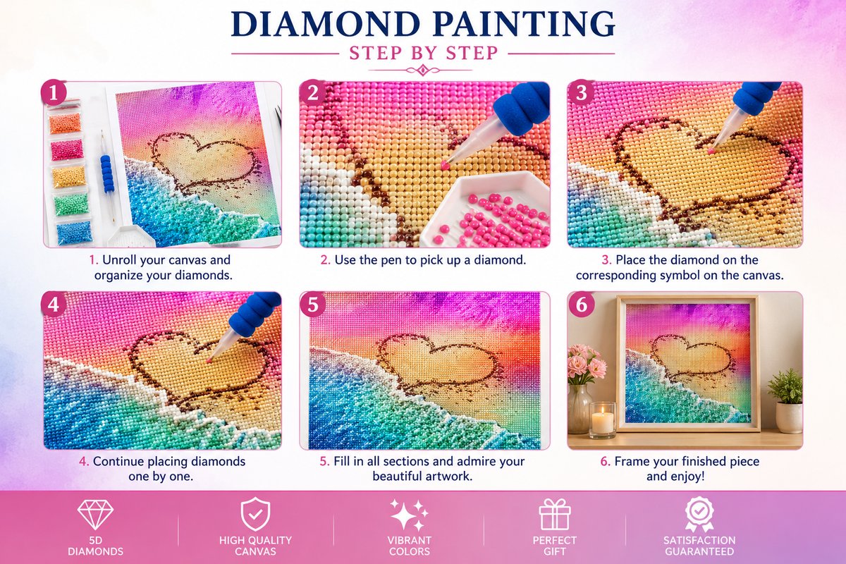 Six step guide showing how to complete the rainbow heart in the sand diamond painting | Azurra Shop