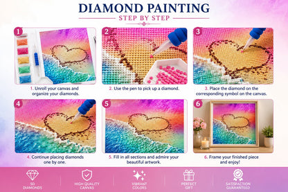 Six step guide showing how to complete the rainbow heart in the sand diamond painting | Azurra Shop
