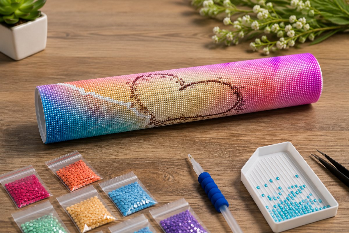 Rolled canvas and full supplies for the rainbow heart in the sand kit, including diamond packets, pen, and tweezers | Azurra Shop