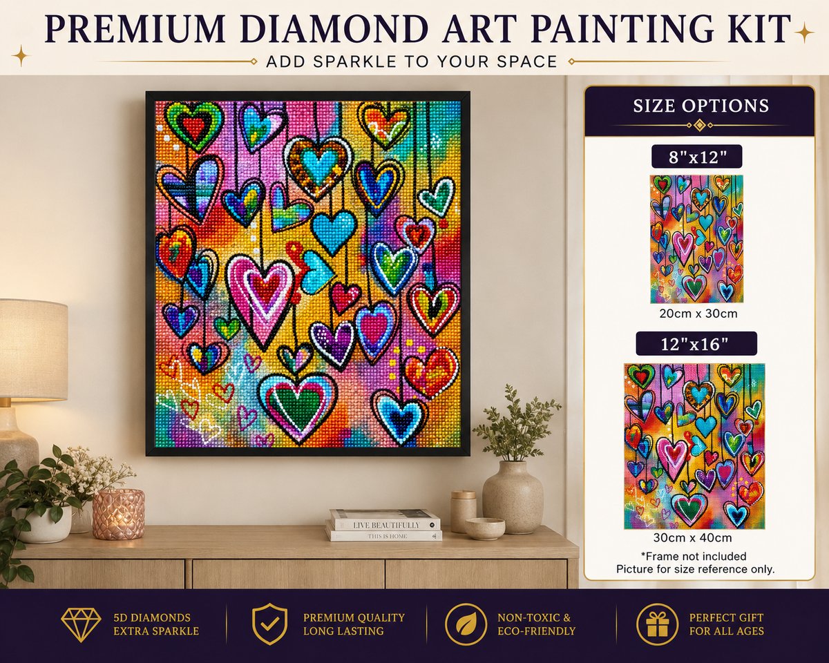 Framed colorful hanging hearts diamond painting displayed on a living room console table | Azurra Shop