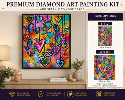 Framed colorful hanging hearts diamond painting displayed on a living room console table | Azurra Shop