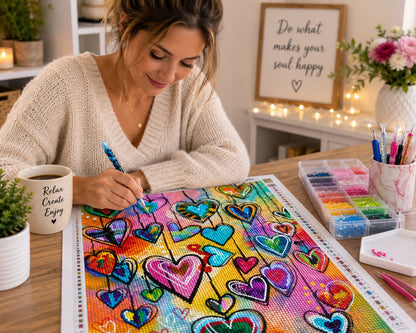 Working on the colorful hanging hearts kit at a desk with a mug and diamond trays nearby | Azurra Shop