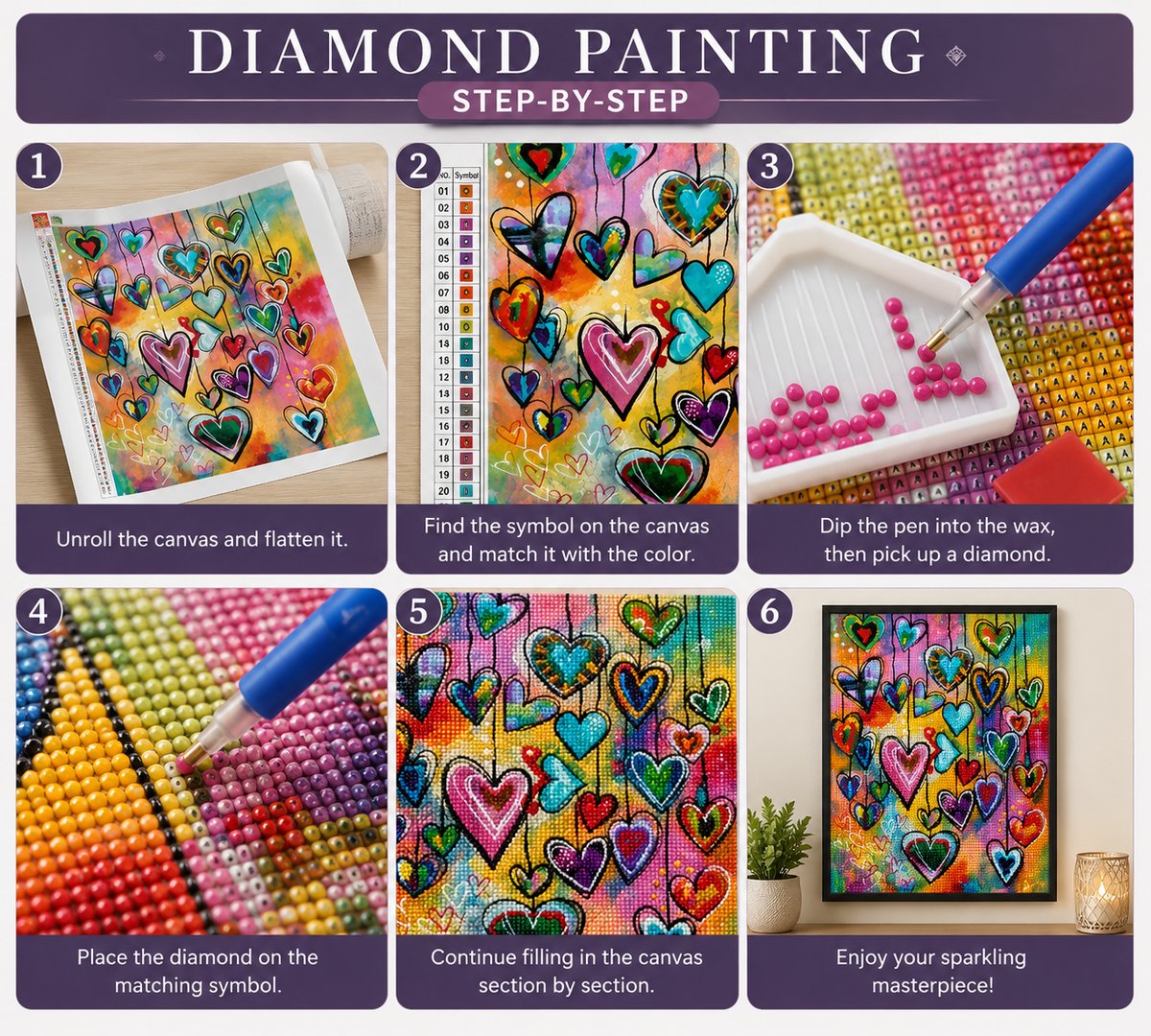 Six step guide showing how to complete the colorful hanging hearts diamond painting | Azurra Shop