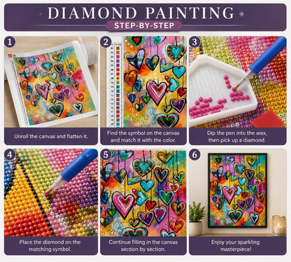 Six step guide showing how to complete the colorful hanging hearts diamond painting | Azurra Shop