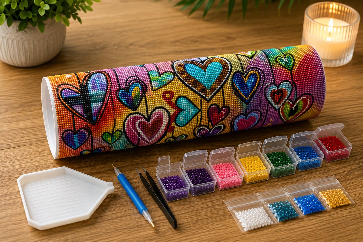Rolled canvas and full supplies for the colorful hanging hearts kit, including diamond packets, pen, and tweezers | Azurra Shop