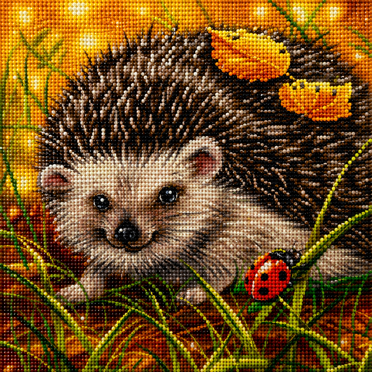 Baby hedgehog and ladybug autumn diamond painting kit close-up – baby hedgehog with rosy cheeks and bright eyes peering at a red ladybug on a grass blade, surrounded by glowing golden orange autumn leaves, sparkling full drill 5D resin diamond texture — Azurra Shop
