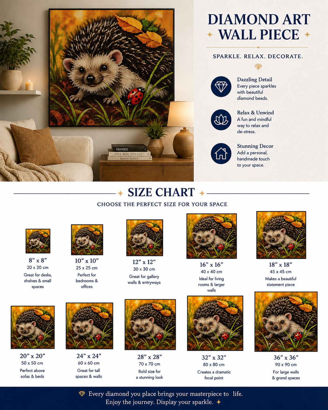 Baby hedgehog and ladybug autumn diamond painting kit size chart – 10 square sizes from 8" x 8" to 36" x 36", framed finished hedgehog art displayed on living room wall, dazzling detail, relax and unwind, stunning autumn decor — Azurra Shop
