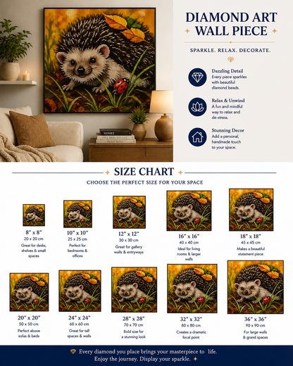 Baby hedgehog and ladybug autumn diamond painting kit size chart – 10 square sizes from 8" x 8" to 36" x 36", framed finished hedgehog art displayed on living room wall, dazzling detail, relax and unwind, stunning autumn decor — Azurra Shop
