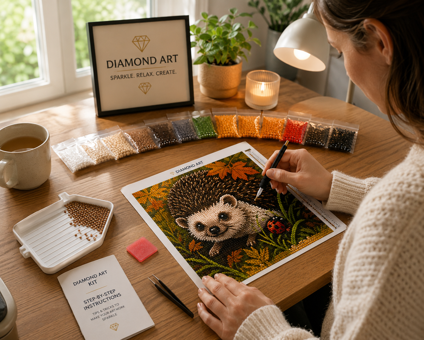 Woman creating baby hedgehog and ladybug autumn diamond painting kit at bright craft desk with sorted autumn-toned diamond drills in packets, applicator pen, wax pad, tray, instruction booklet, candle and coffee — Azurra Shop
