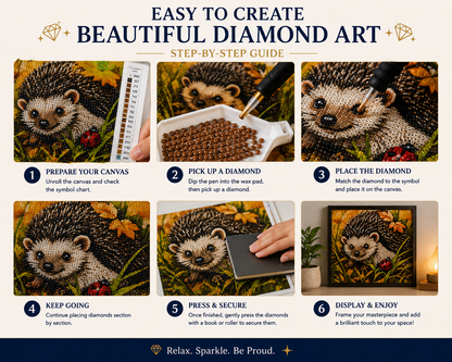 Baby hedgehog and ladybug autumn diamond painting kit easy step-by-step guide – 6 illustrated steps showing how to prepare canvas, pick up diamond drills with applicator pen, place on canvas, press to secure, frame and display finished hedgehog artwork — Azurra Shop
