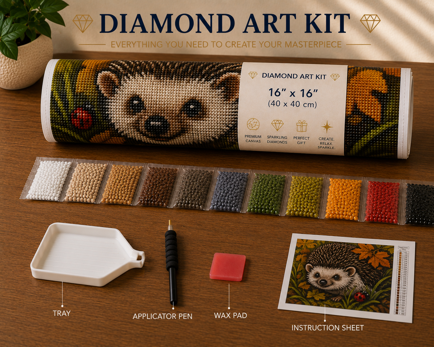 Baby hedgehog and ladybug autumn diamond painting kit supplies – 16" x 16" canvas tube, sorted warm orange, brown, green, red and white diamond drill packets, applicator pen, wax pad, tray and instruction sheet on wooden surface — Azurra Shop
