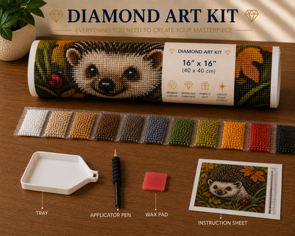 Baby hedgehog and ladybug autumn diamond painting kit supplies – 16" x 16" canvas tube, sorted warm orange, brown, green, red and white diamond drill packets, applicator pen, wax pad, tray and instruction sheet on wooden surface — Azurra Shop
