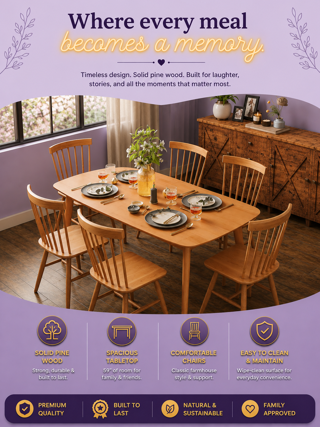 59" Pine Wood Rustic Dining Table for 6