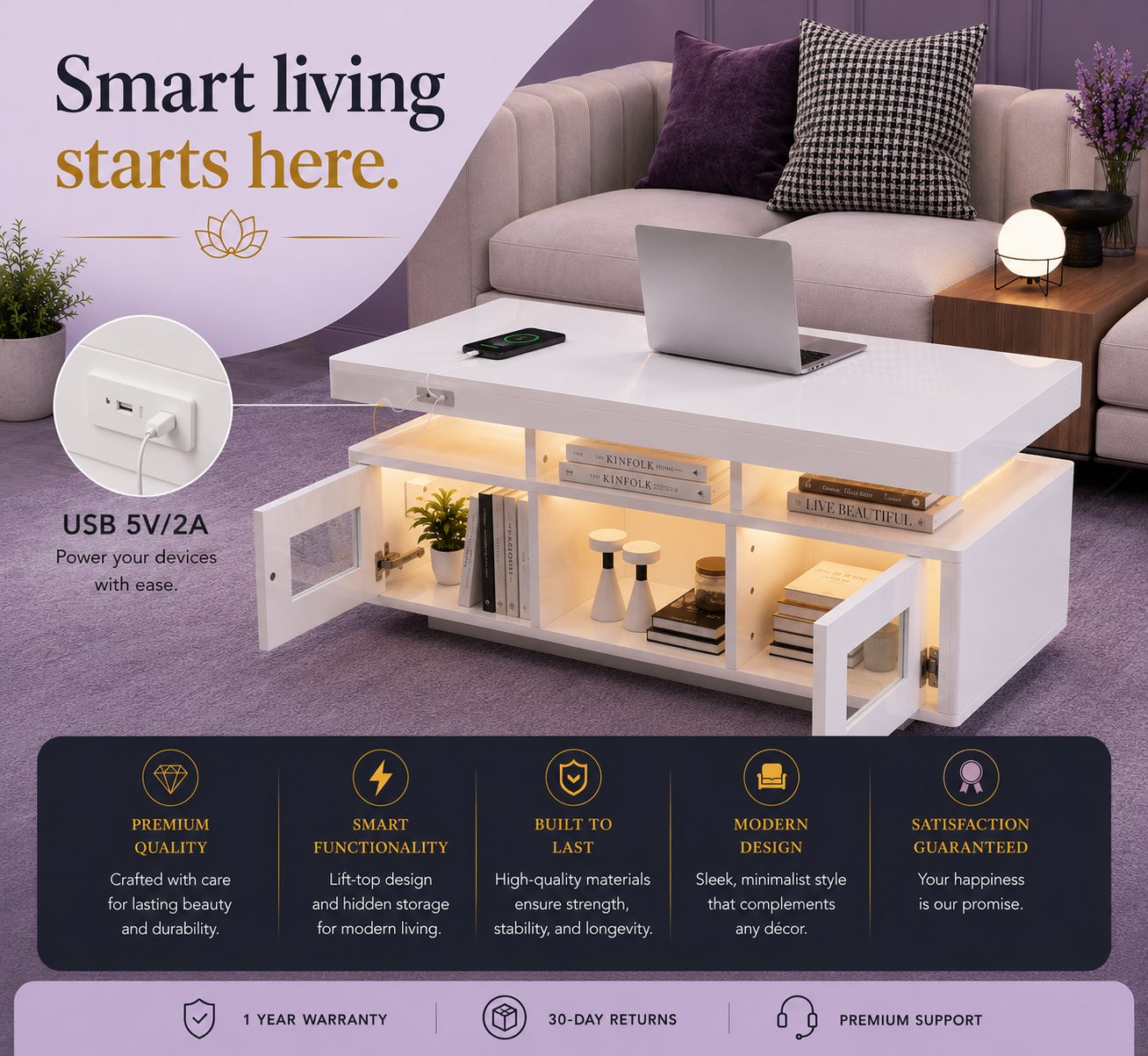 High Gloss Coffee Table with LED Lights &amp; USB Charging — White