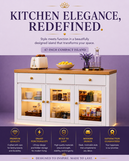 Extendable Kitchen Island with RGB LED Lights — White