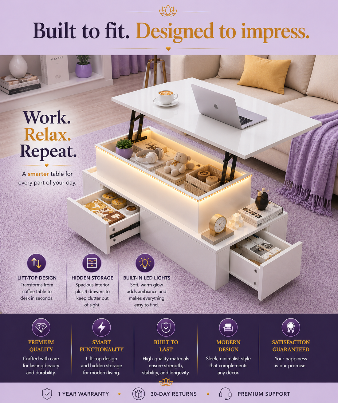 Lift-Top Coffee Table with LED Lights & 4 Drawers — White