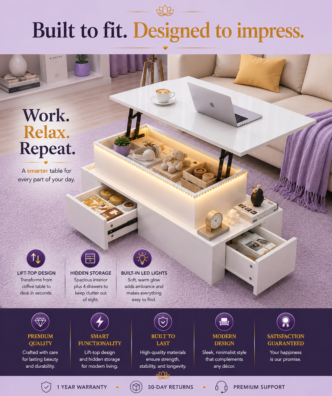Lift-Top Coffee Table with LED Lights &amp; 4 Drawers — White