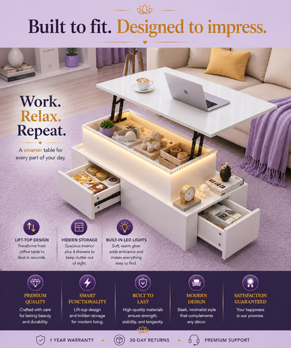 Lift-Top Coffee Table with LED Lights &amp; 4 Drawers — White