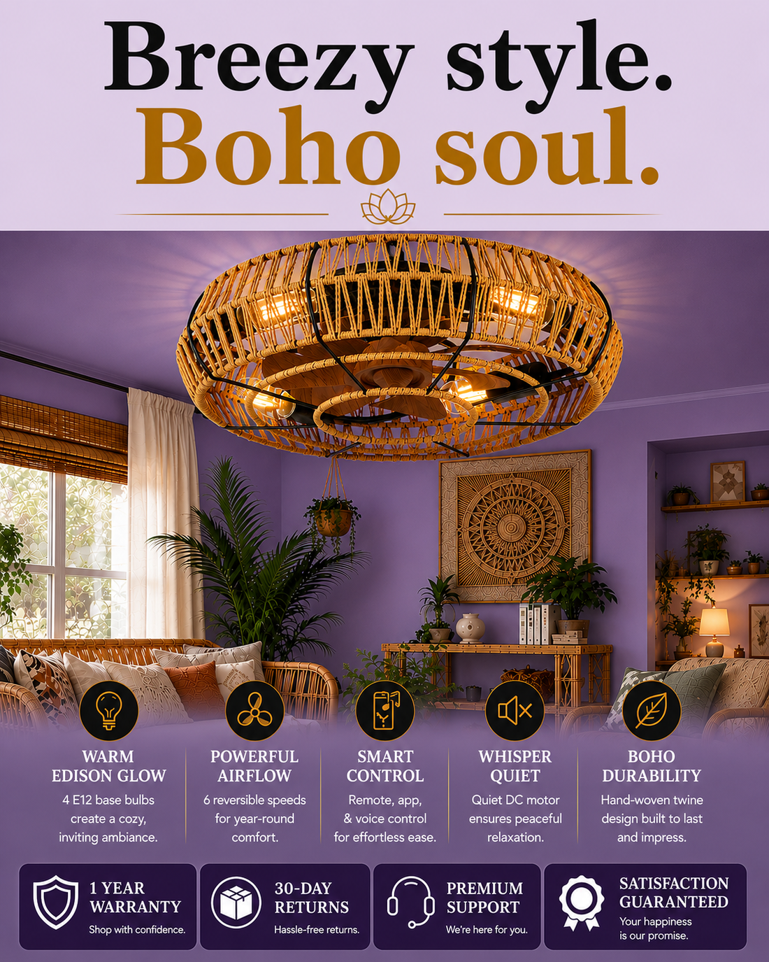 19" Boho Caged Ceiling Fan with Light & Remote