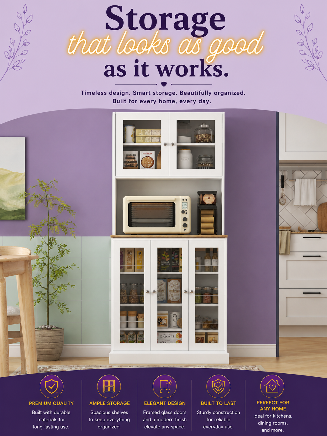66.5" White Kitchen Pantry Cabinet with Glass Doors