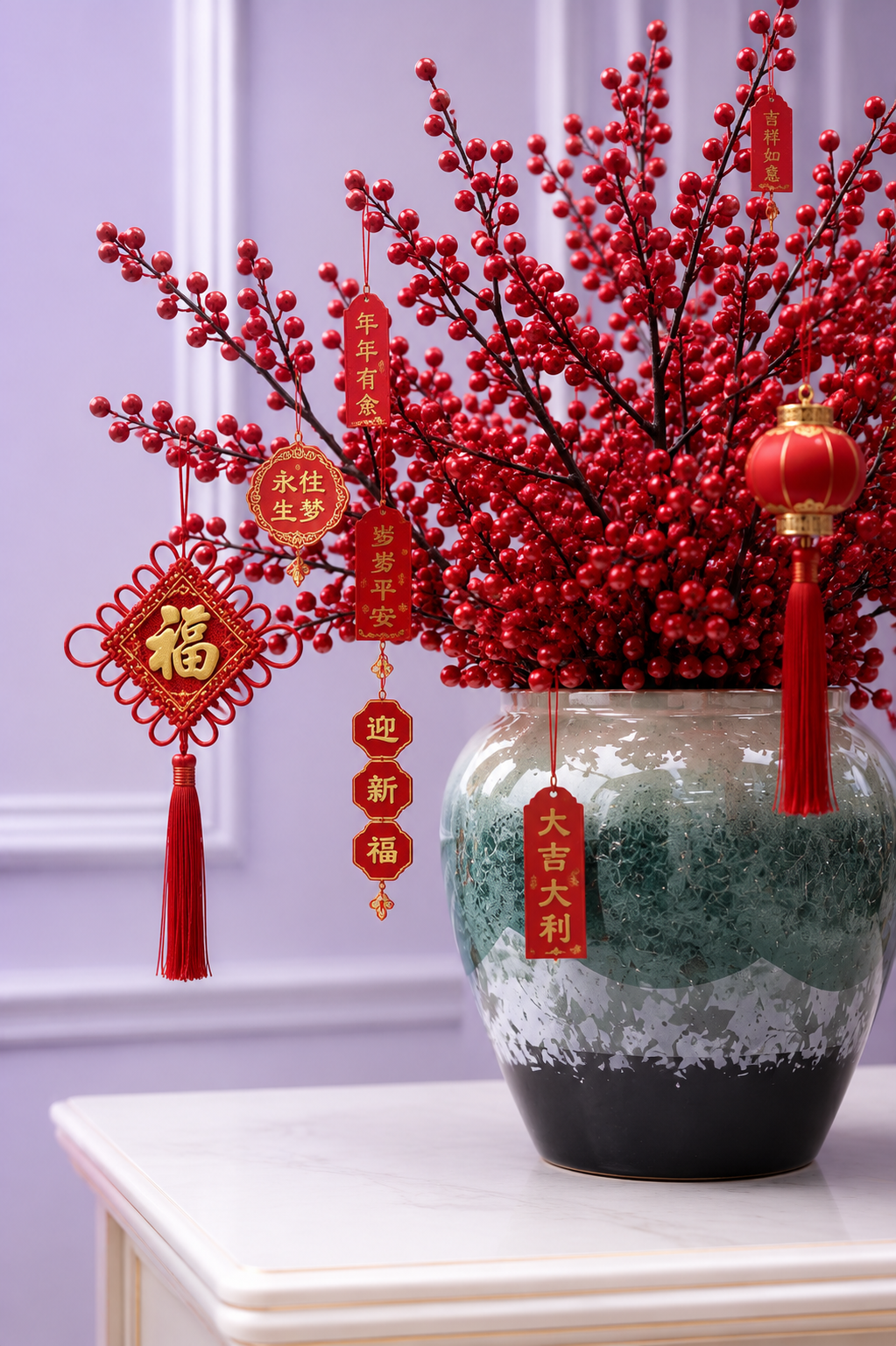 Close-up of red holly berry branches and Chinese lucky pendants in glazed teal ceramic vase — Azurra Shop
